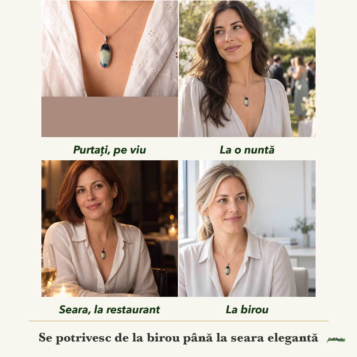 Colier cu Afganit purtați de patru femei, la nuntă, seara, la birou și la o aniversare