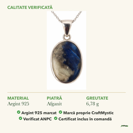 Colier cu Afganit: material, dimensiunea pietrei, greutate și marcajul 925