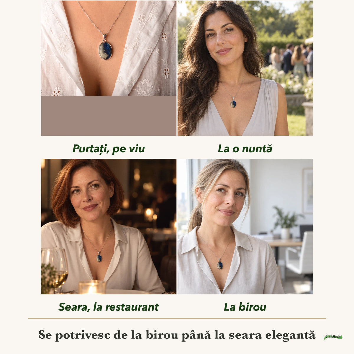 Colier cu Afganit purtați de patru femei, la nuntă, seara, la birou și la o aniversare