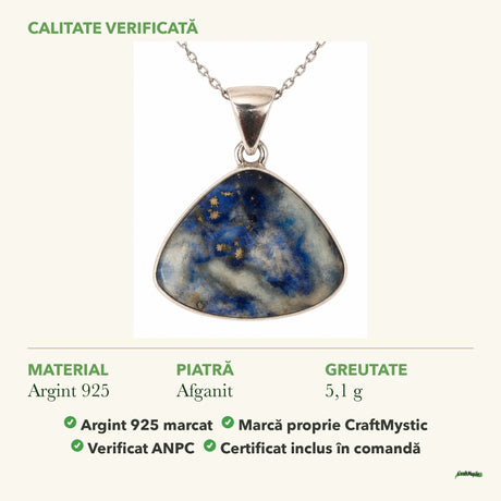 Colier cu Afganit: material, dimensiunea pietrei, greutate și marcajul 925