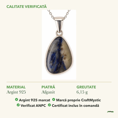 Colier cu Afganit: material, dimensiunea pietrei, greutate și marcajul 925