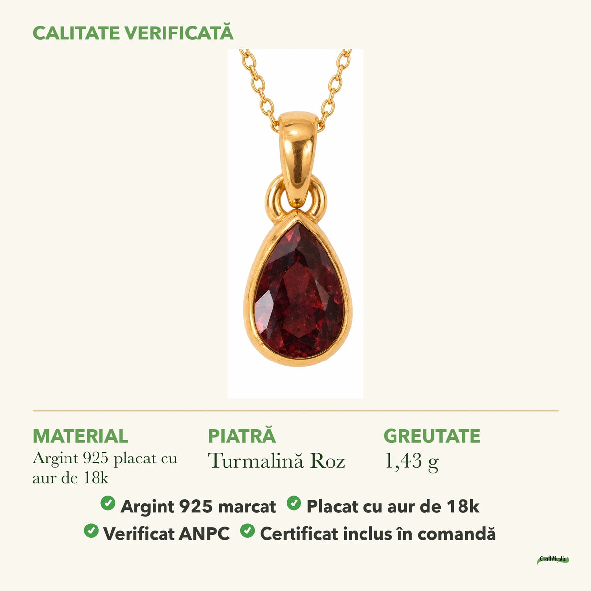 Colier cu Turmalină Roz: material, dimensiunea pietrei, greutate și marcajul 925