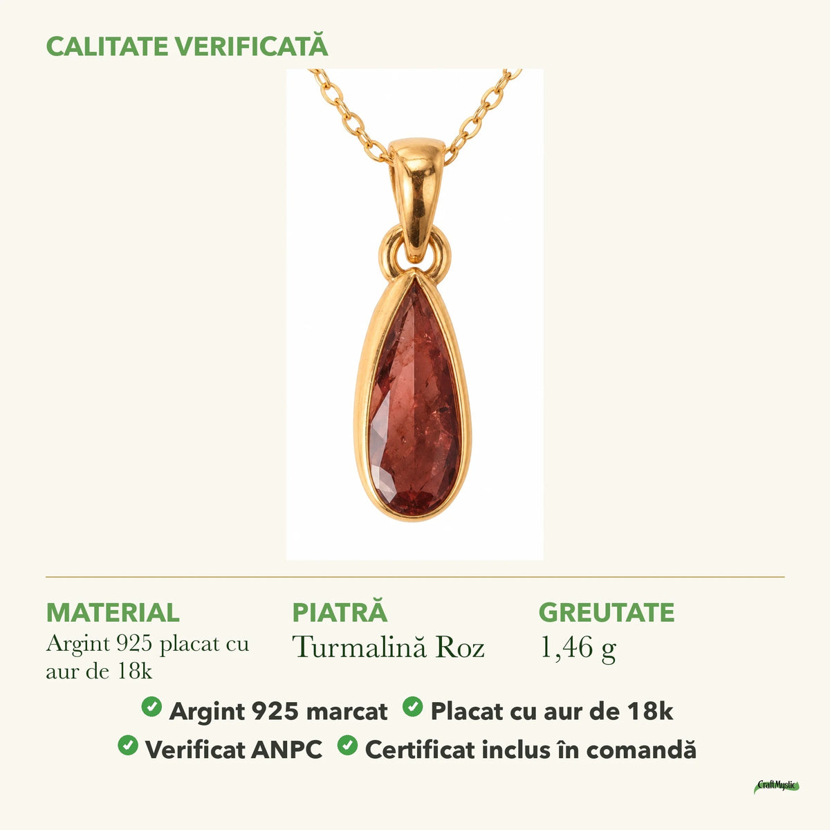 Colier cu Turmalină Roz: material, dimensiunea pietrei, greutate și marcajul 925
