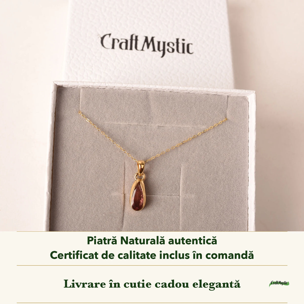 Colier cu Turmalină Roz în cutia cadou CraftMystic, cu certificatul de calitate