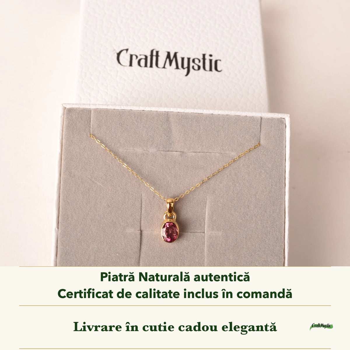 Colier cu Turmalină Roz în cutia cadou CraftMystic, cu certificatul de calitate