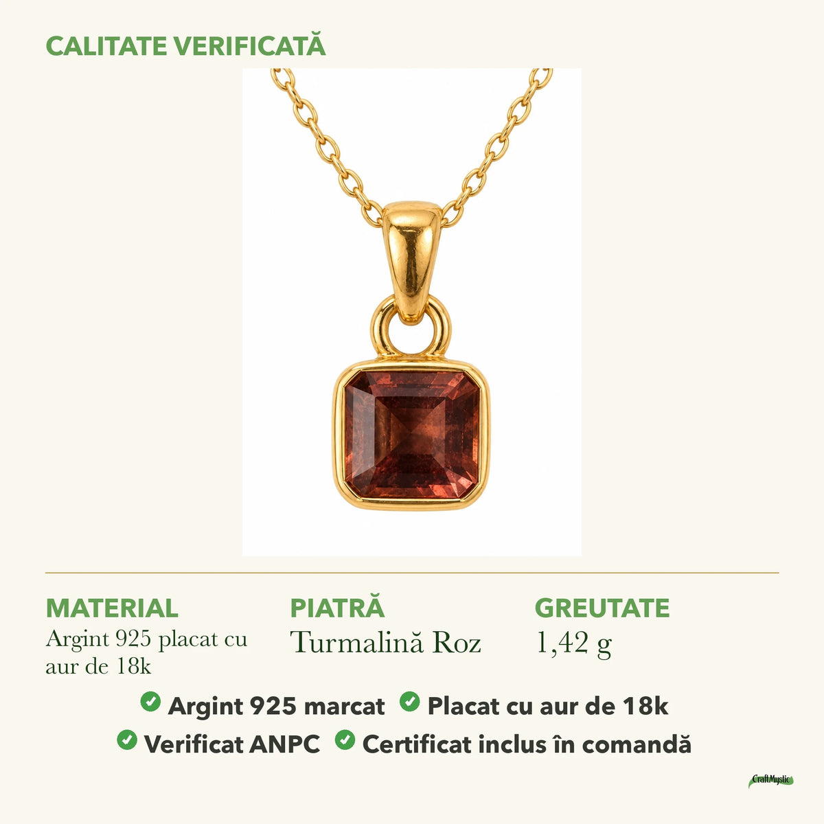 Colier cu Turmalină Roz: material, dimensiunea pietrei, greutate și marcajul 925