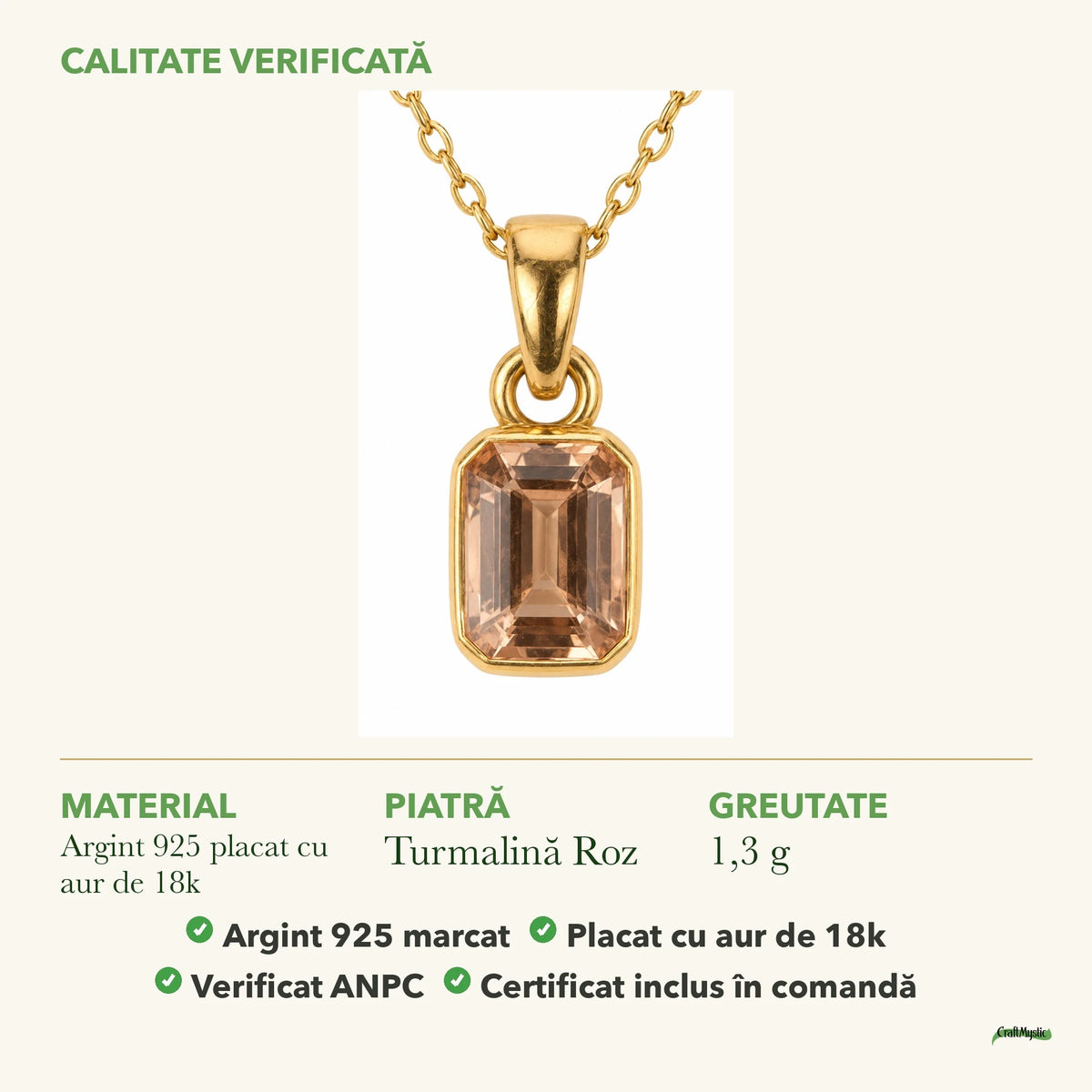 Colier cu Turmalină Roz: material, dimensiunea pietrei, greutate și marcajul 925