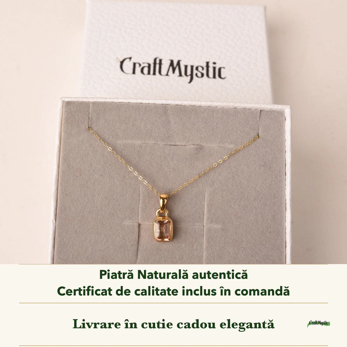Colier cu Turmalină Roz în cutia cadou CraftMystic, cu certificatul de calitate