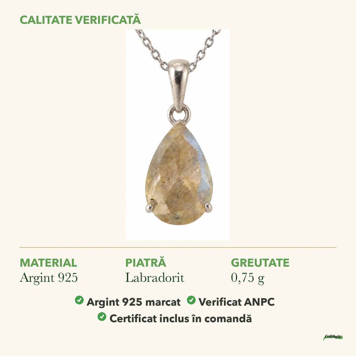 Colier cu Labradorit: material, dimensiunea pietrei, greutate și marcajul 925