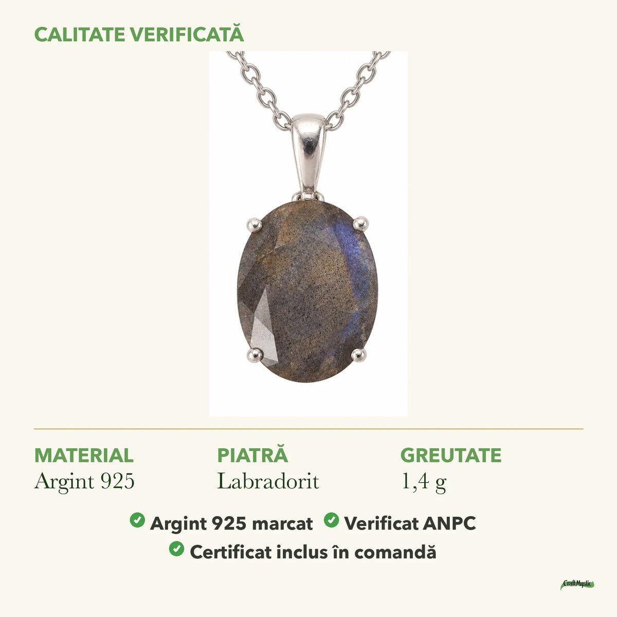Colier cu Labradorit: material, dimensiunea pietrei, greutate și marcajul 925