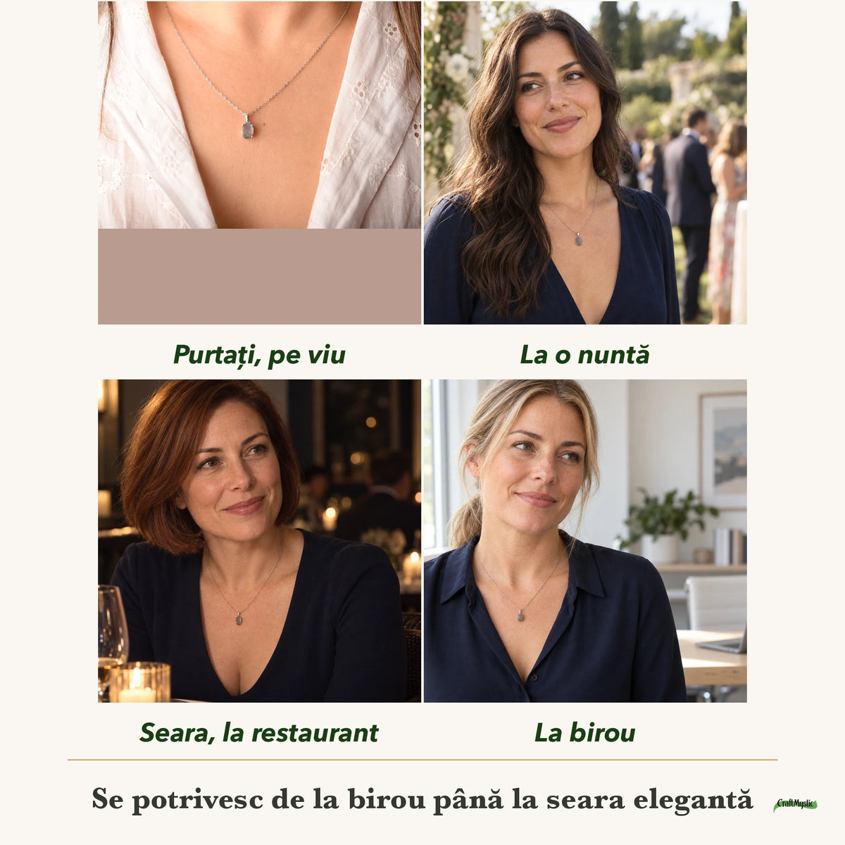 Colier cu Labradorit purtați de patru femei, la nuntă, seara, la birou și la o aniversare