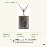 Colier cu Labradorit: material, dimensiunea pietrei, greutate și marcajul 925