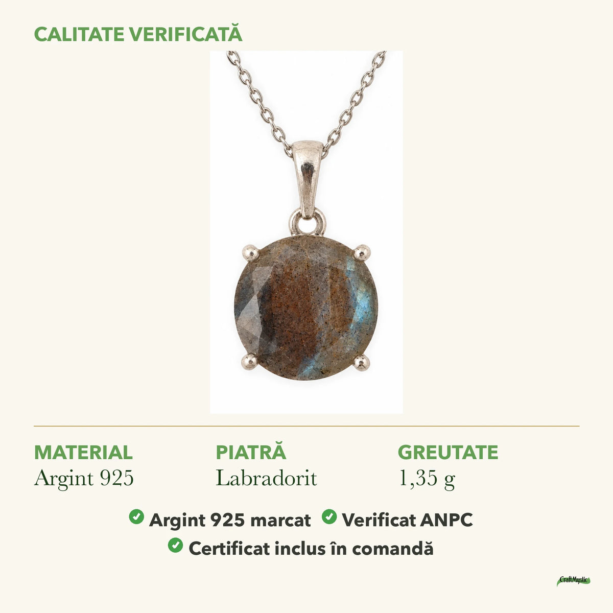Colier cu Labradorit: material, dimensiunea pietrei, greutate și marcajul 925