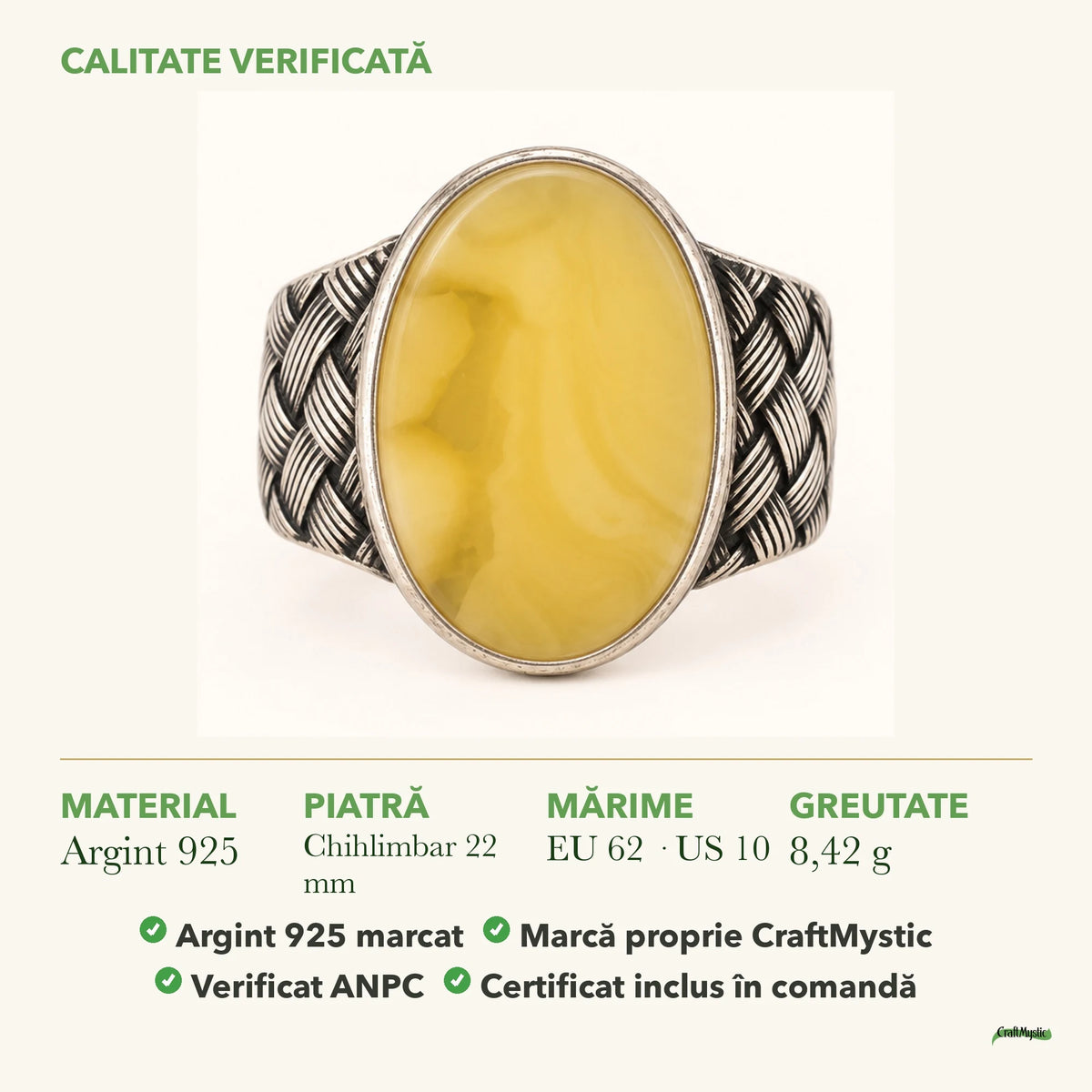 Inel cu Chihlimbar: material, dimensiunea pietrei, greutate și marcajul 925