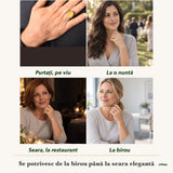 Inel cu Chihlimbar purtați de patru femei, la nuntă, seara, la birou și la o aniversare