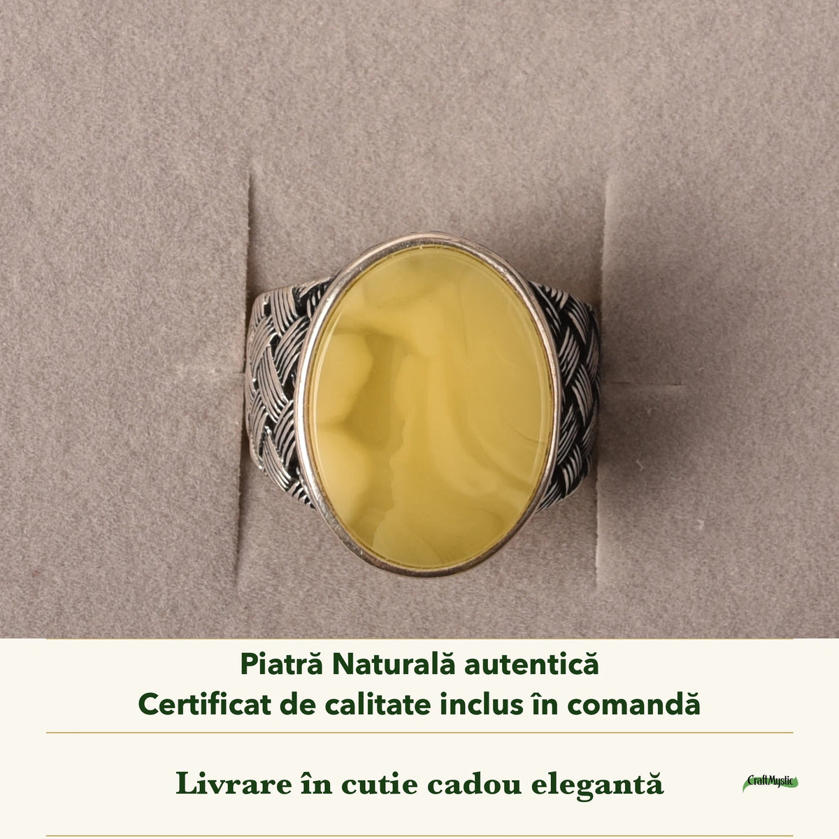 Inel cu Chihlimbar în cutia cadou CraftMystic, cu certificatul de calitate