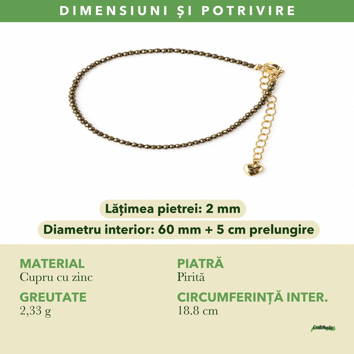 Dimensiunile și potrivirea pentru Brățară cu Pirită