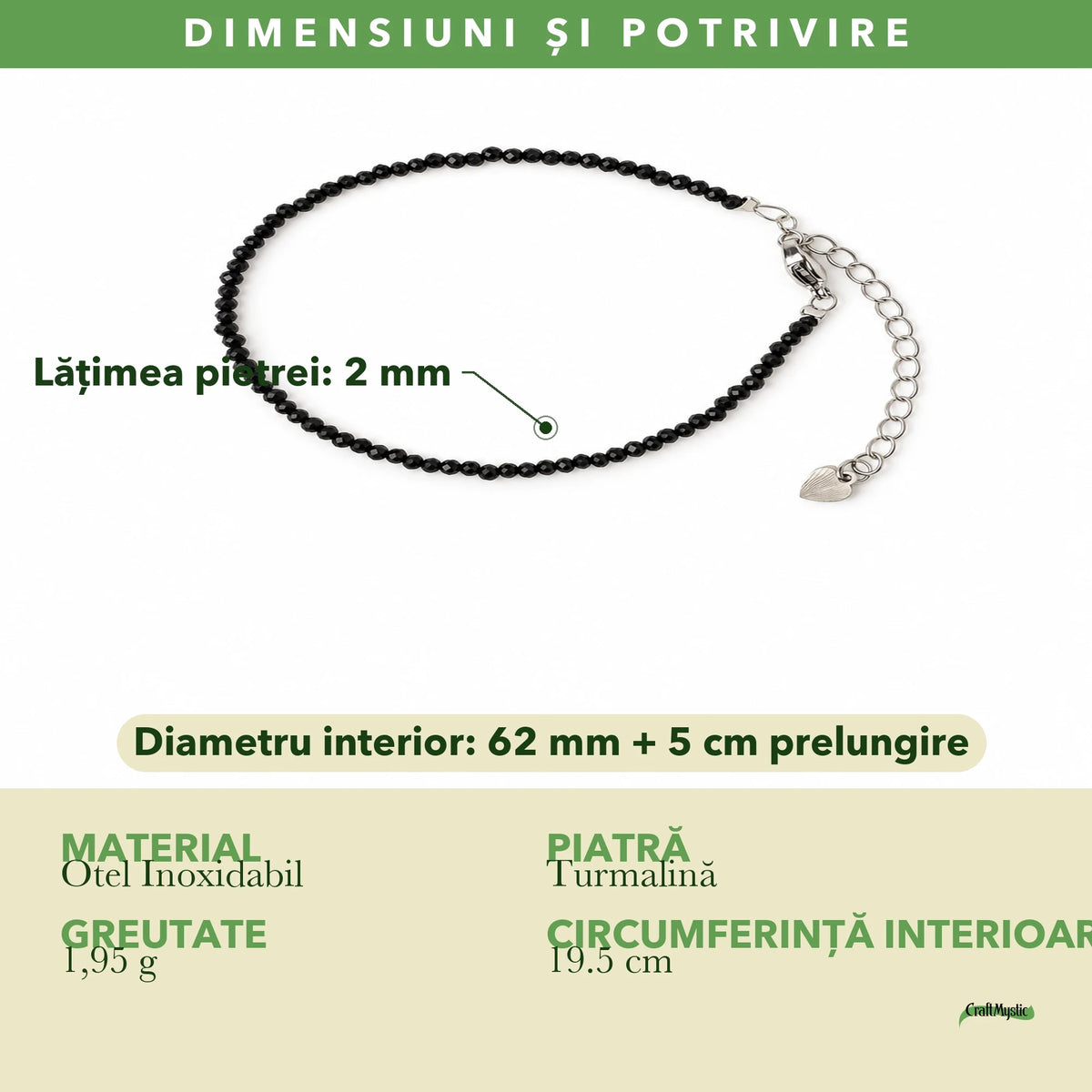 Dimensiunile și potrivirea pentru Brățară cu Turmalină