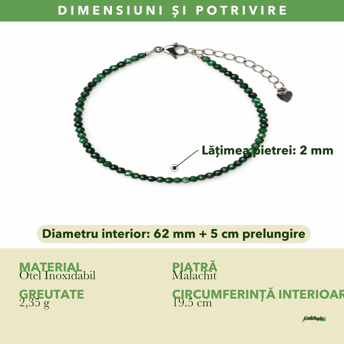 Dimensiunile și potrivirea pentru Brățară cu Malachit