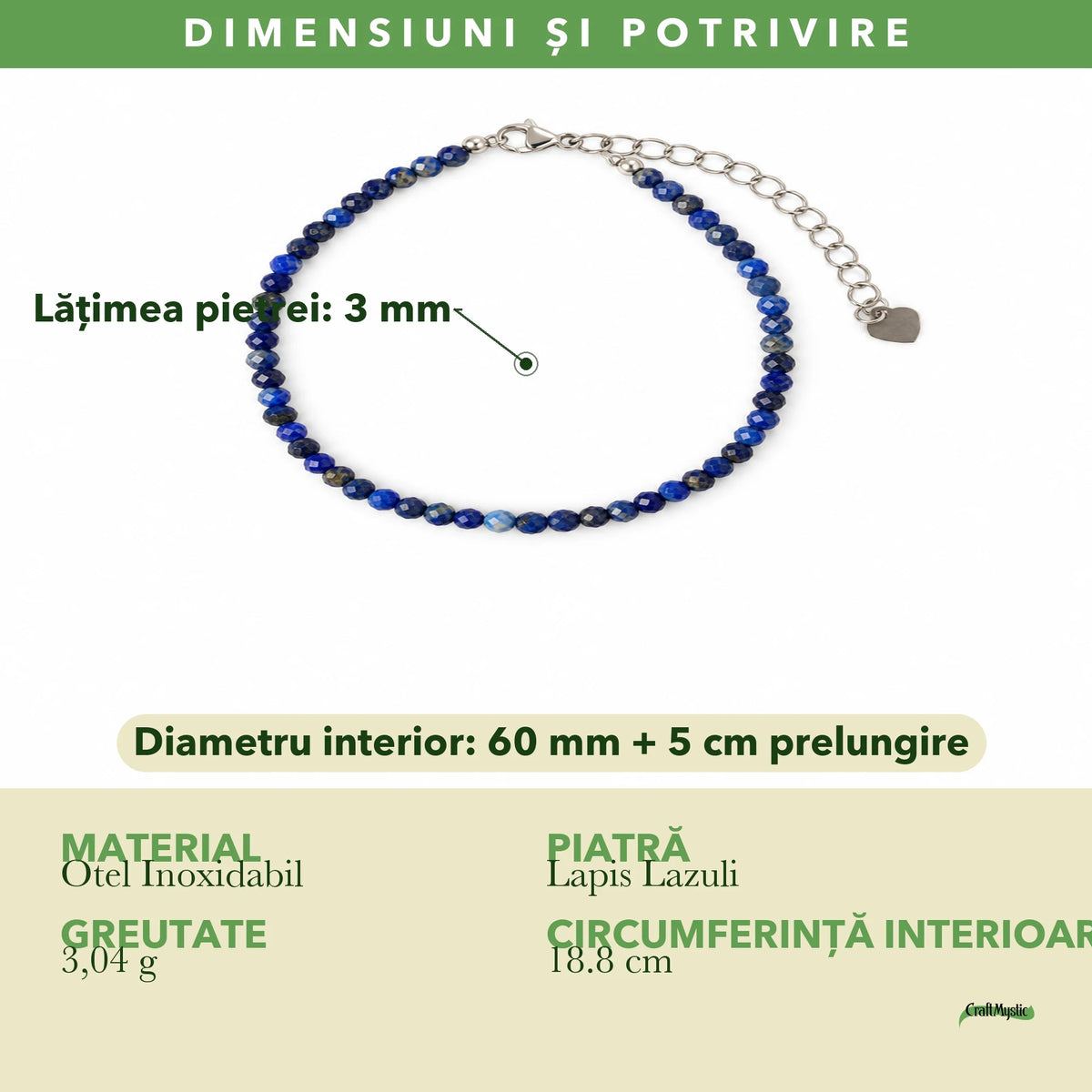 Dimensiunile și potrivirea pentru Brățară cu Lapis Lazuli