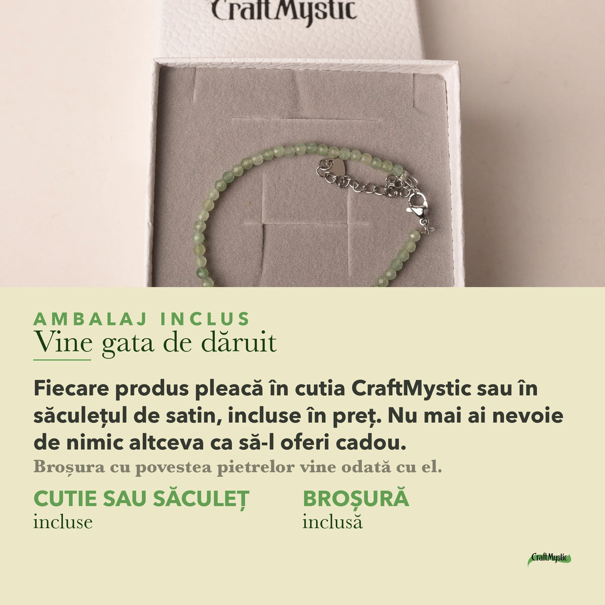 Brățară cu Aventurin Verde în cutia cadou CraftMystic, cu certificatul de calitate