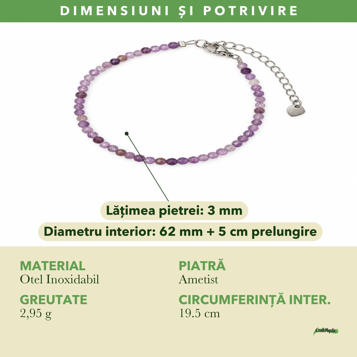 Dimensiunile și potrivirea pentru Brățară cu Ametist
