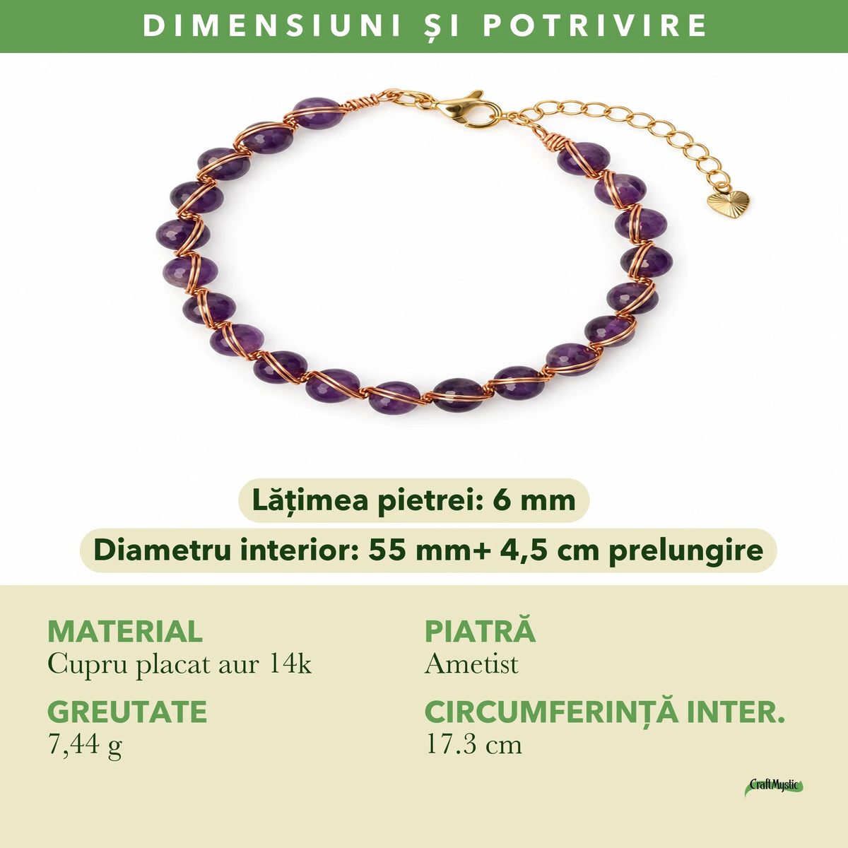 Dimensiunile și potrivirea pentru Brățară cu Ametist