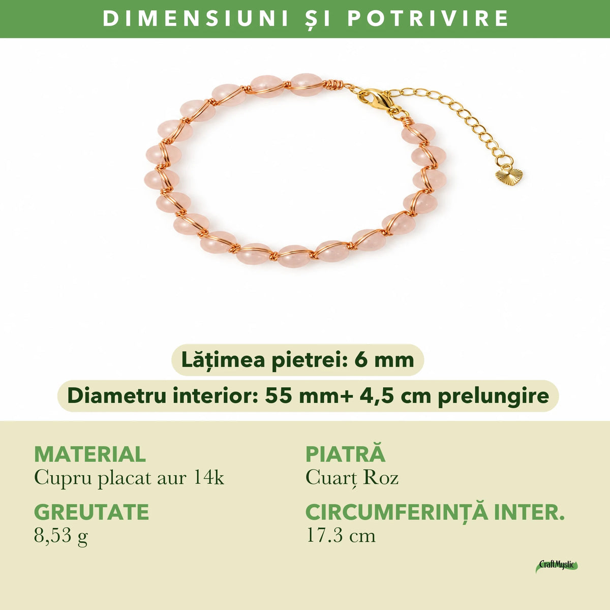 Dimensiunile și potrivirea pentru Brățară cu Cuarț Roz