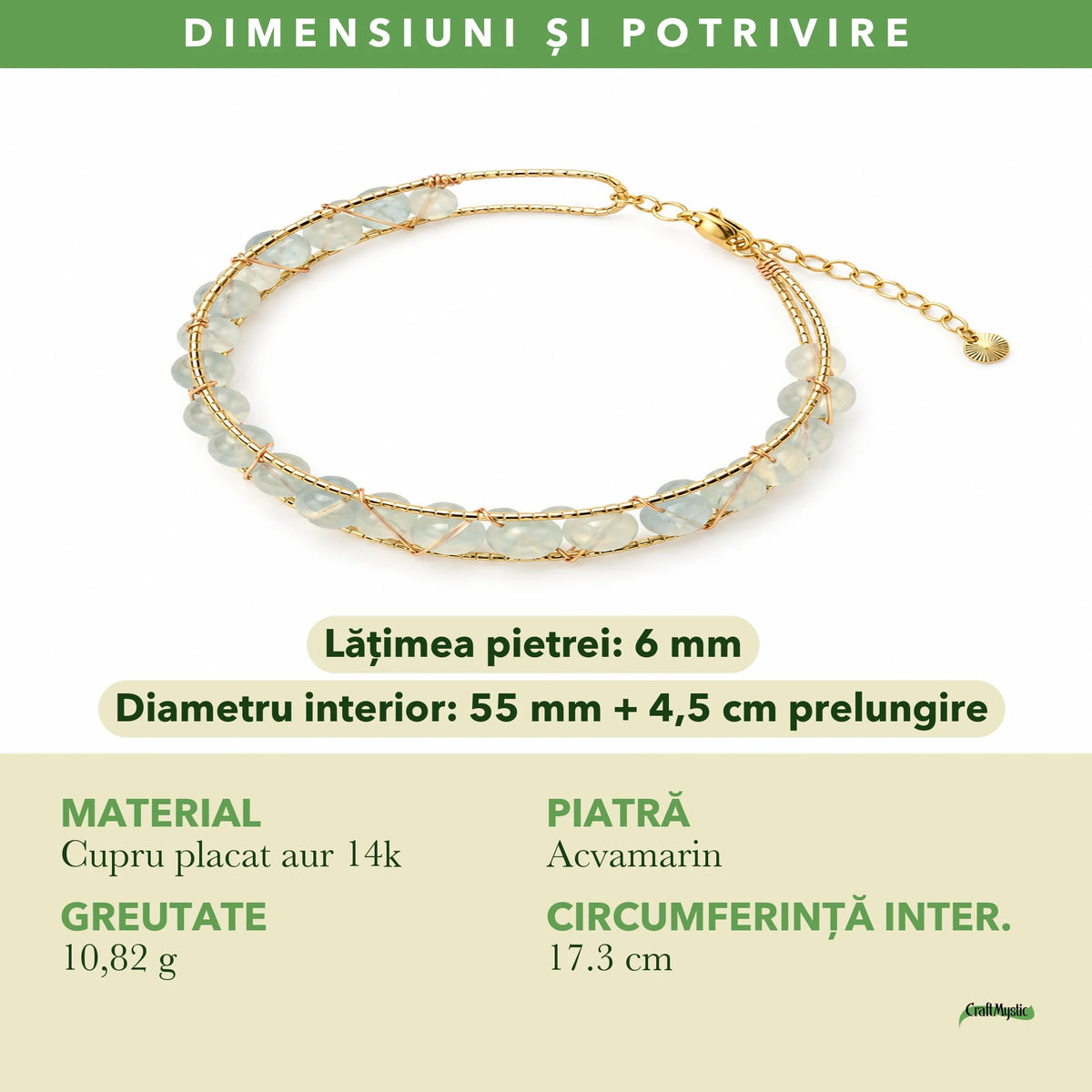 Dimensiunile și potrivirea pentru Brățară cu Acvamarin