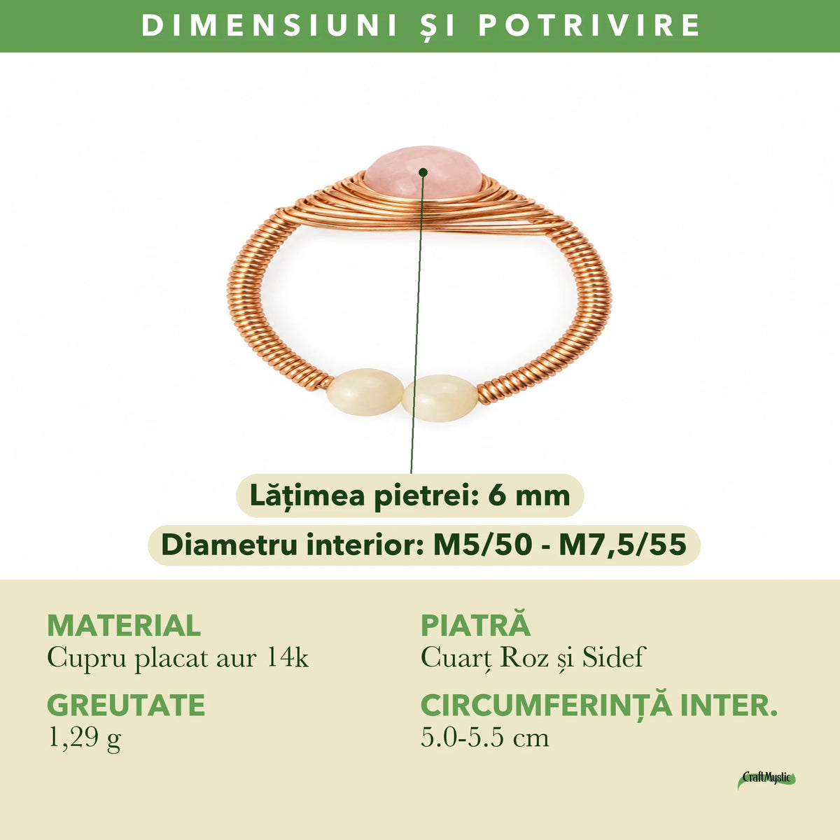 Dimensiunile și potrivirea pentru Inel cu Cuarț Roz