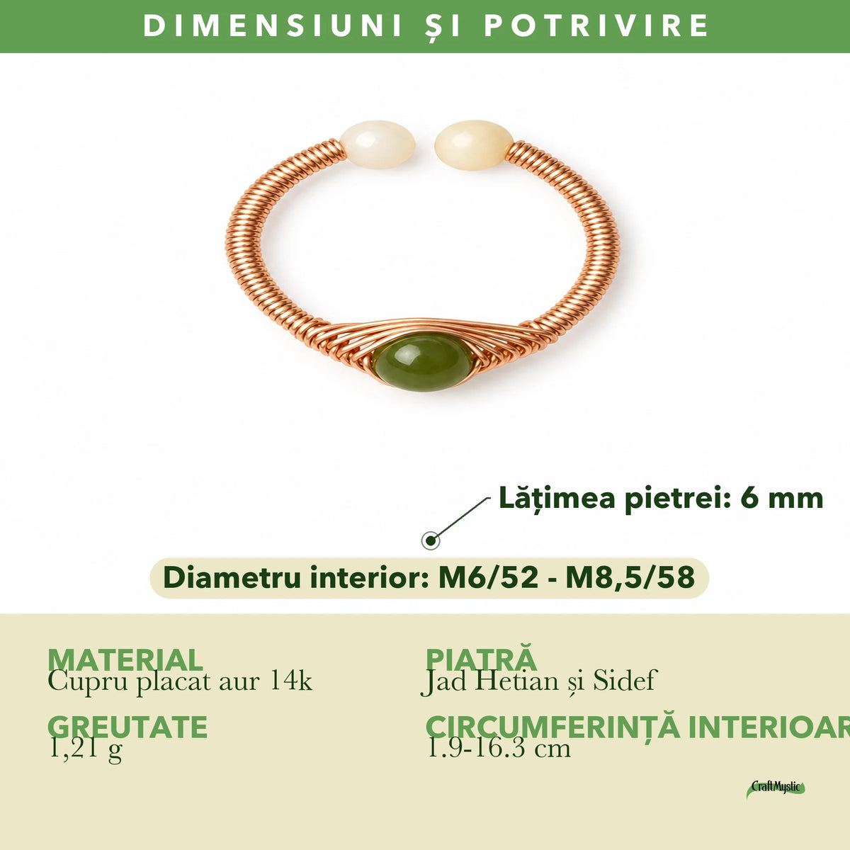Dimensiunile și potrivirea pentru Inel cu Jad Hetian