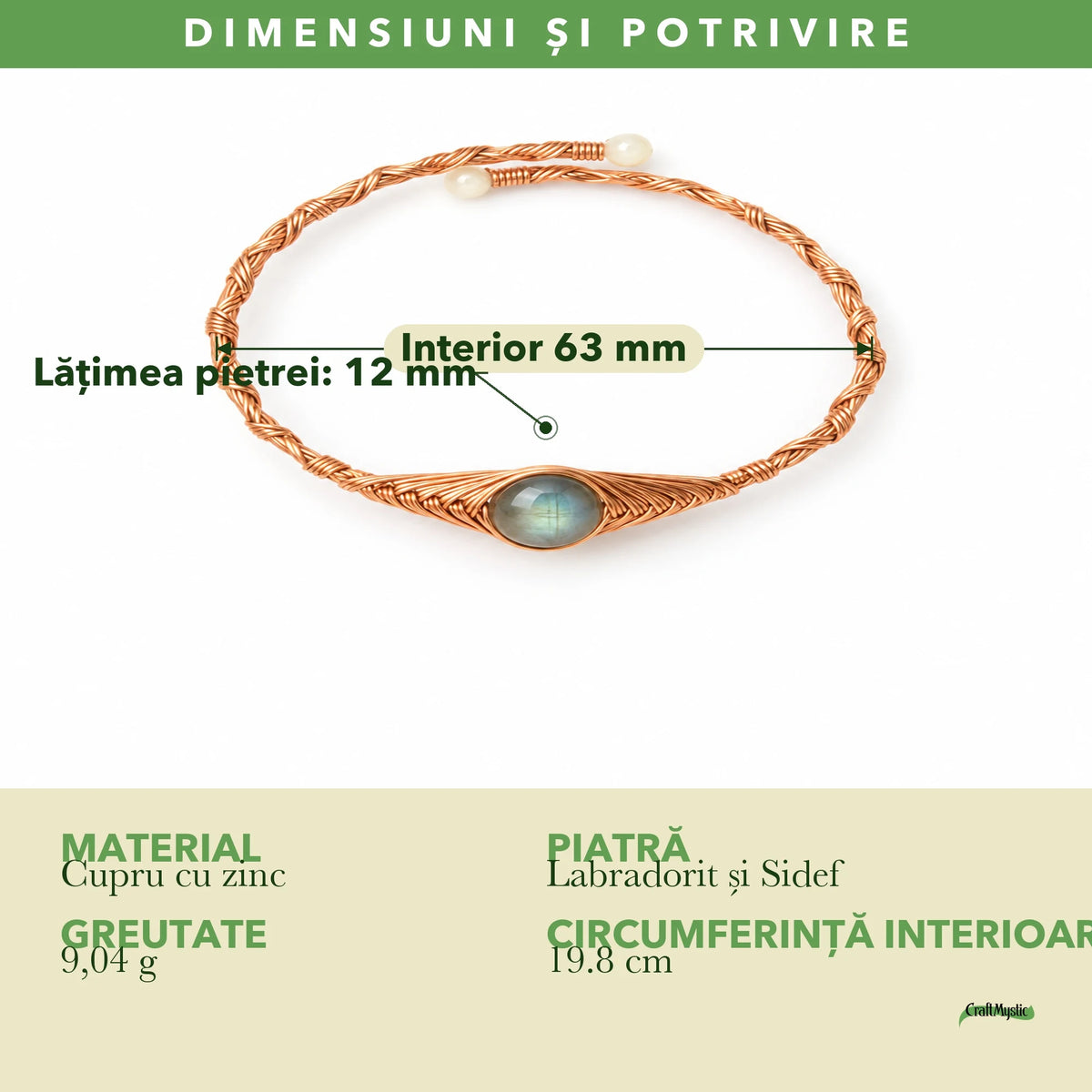 Dimensiunile și potrivirea pentru Brățară cu Labradorit