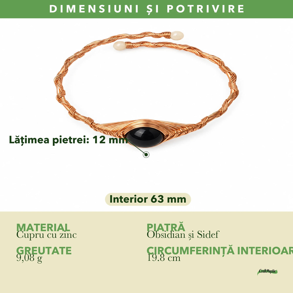 Dimensiunile și potrivirea pentru Brățară cu Obsidian