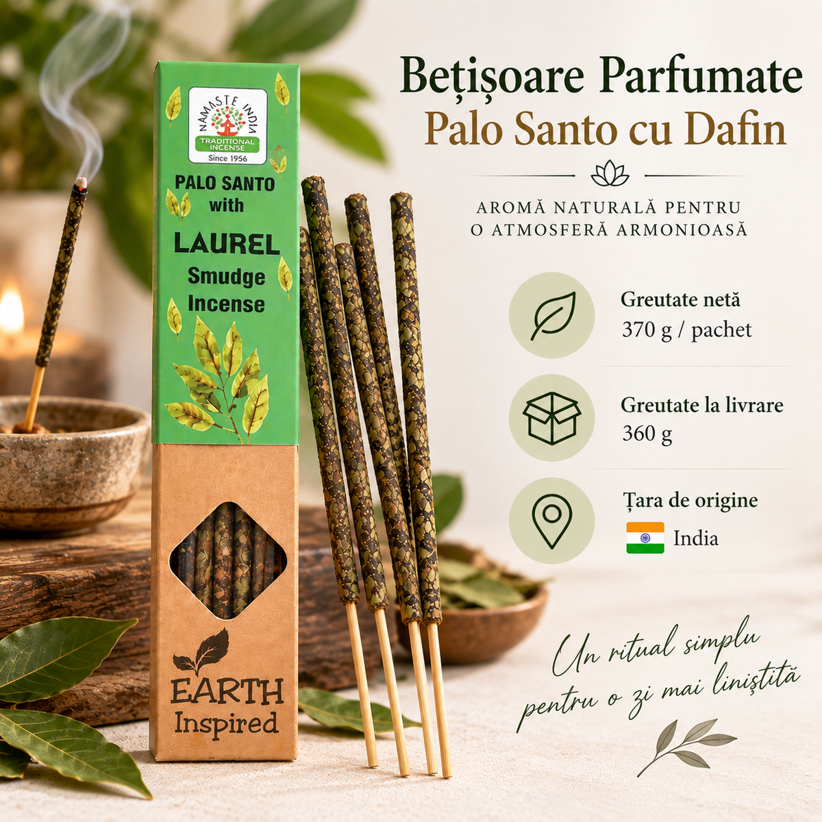Bețișoare parfumate Palo Santo cu Laur, aromă naturală