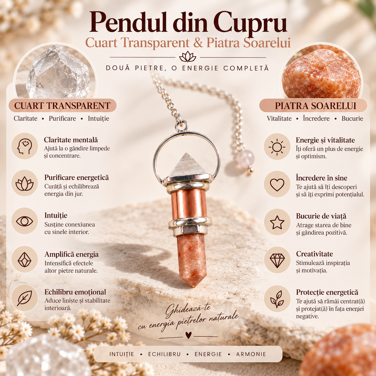 Pendul din cupru cu Cuarț Transparent și Piatra Soarelui naturală