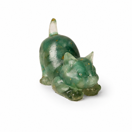 Figurina Pisica din Aventurin Verde Natural cu Insertii Aurii 5.7 cm – Prosperitate si Noroc
