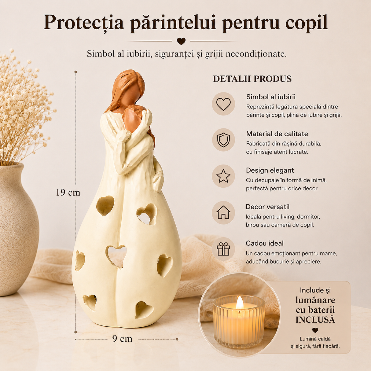 Figurină decorativă cu lumânare Mamă și Copil 9 x 19 cm