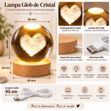 Lampă glob din sticlă cu inimă 3D și bază din lemn