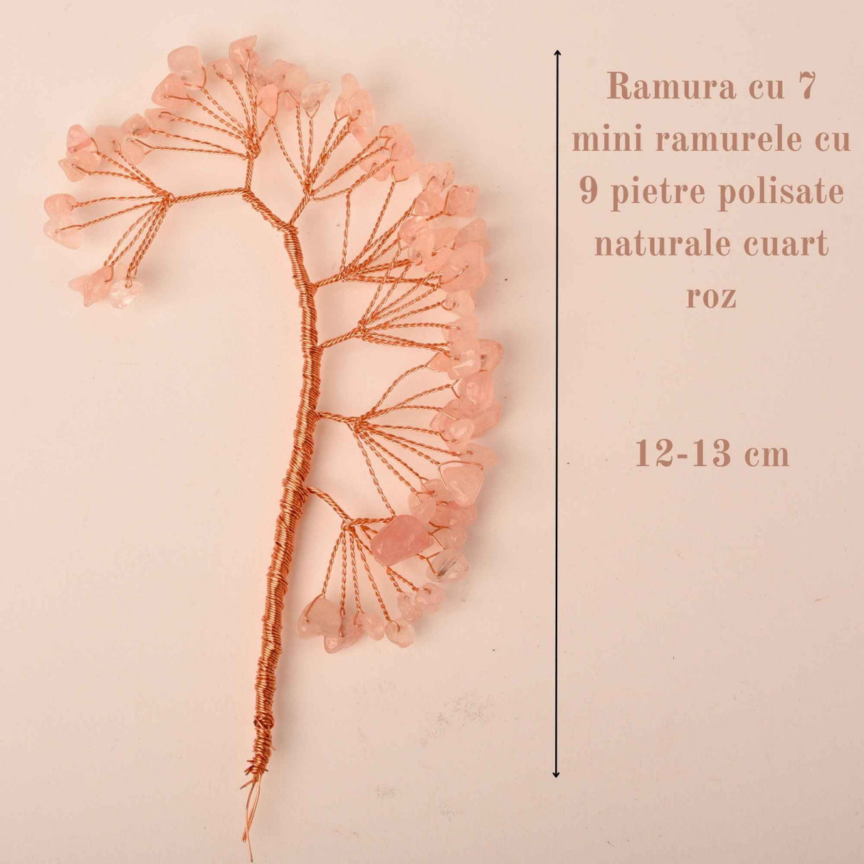 Ramura pentru creare copaci cu cristale semipretioase din Cuart Roz cu 7 mini ramuri fiecare cu 9 pietre polisate - Pentru proiecte DIY, decor, Feng Shui