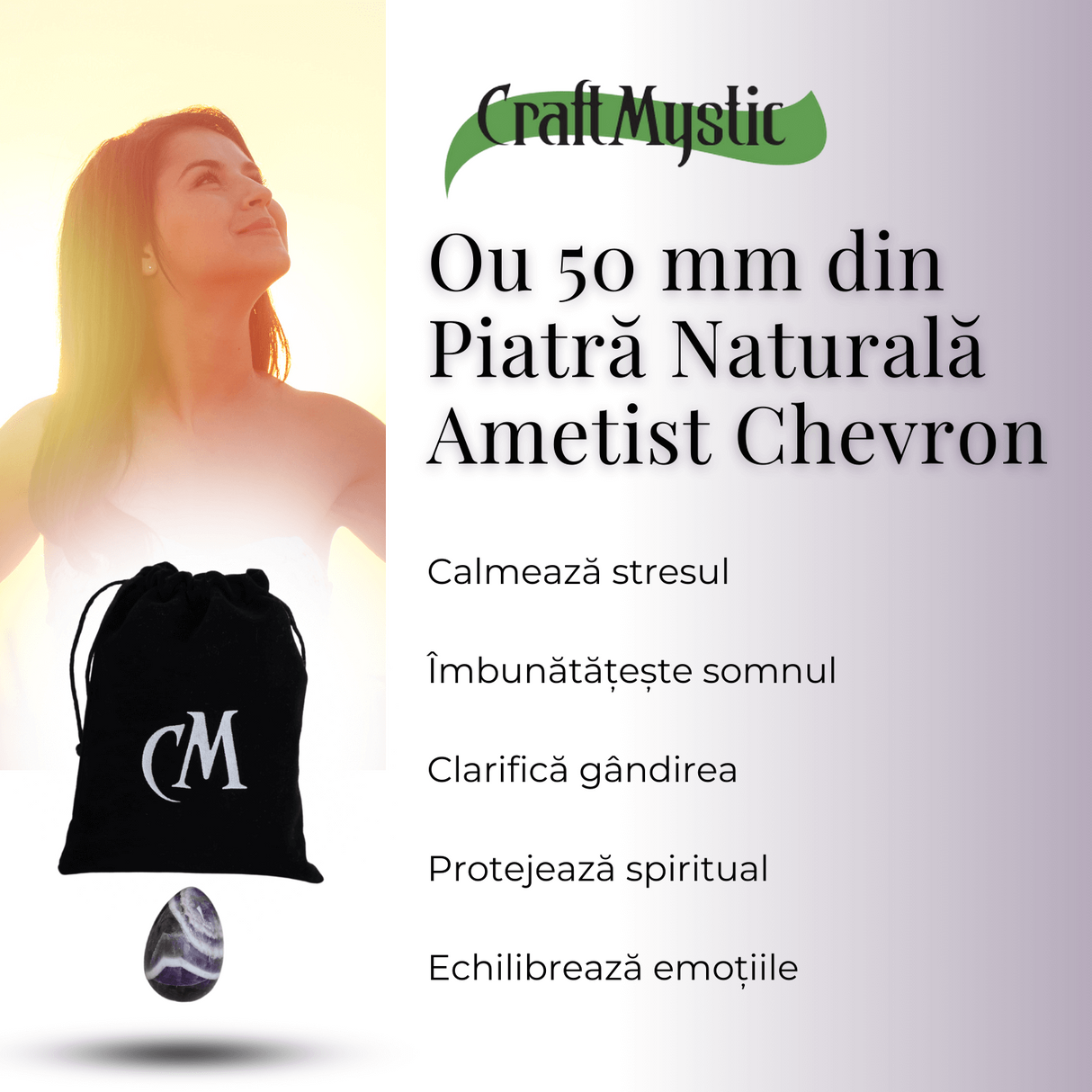 Ou Handmade de 50mm din Piatra Naturala de Ametist Chevron