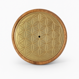 Suport betisoare parfumate lemn de mango – Flower of Life auriu, 8.5 cm (pentru betisoare si conuri)