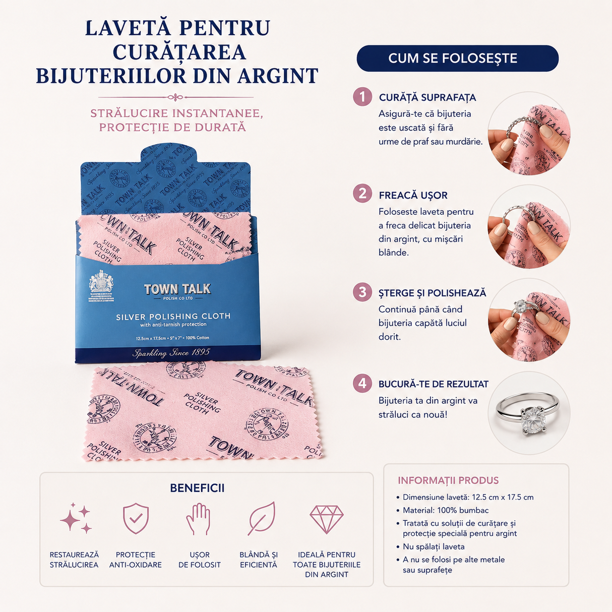 Laveta Town Talk pentru Curatarea Bijuteriilor din Argint – Lustruire si Protectie Anti-Oxidare