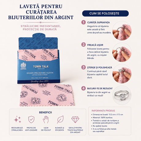 Laveta Town Talk pentru Curatarea Bijuteriilor din Argint – Lustruire si Protectie Anti-Oxidare