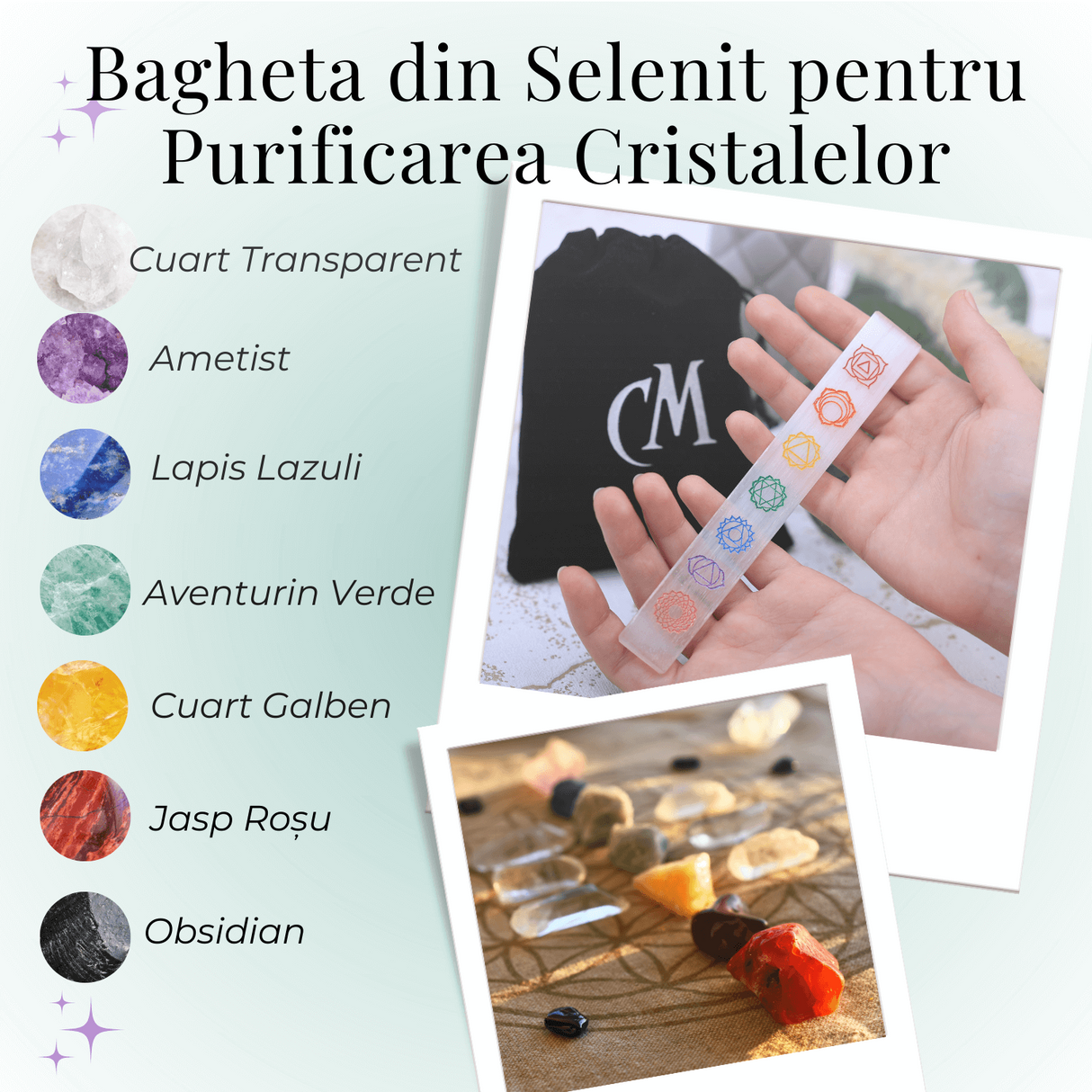 Bagheta de Selenit cu Semnele Chakrelor Color - Incarcare si Curatare Cristale