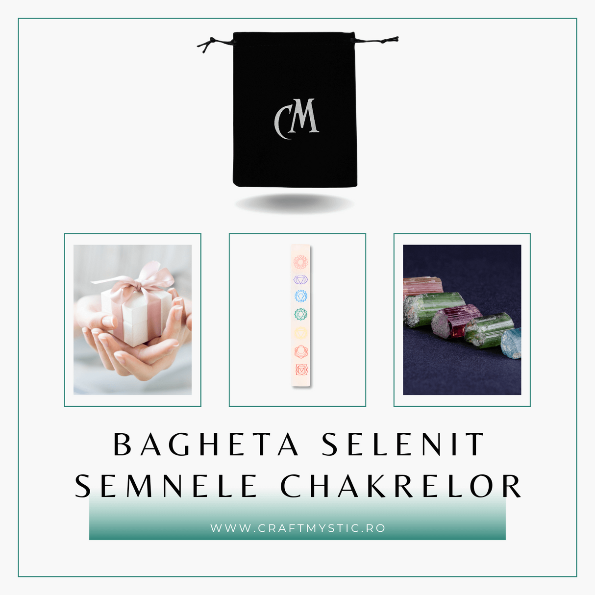 Bagheta de Selenit cu Semnele Chakrelor Color - Incarcare si Curatare Cristale