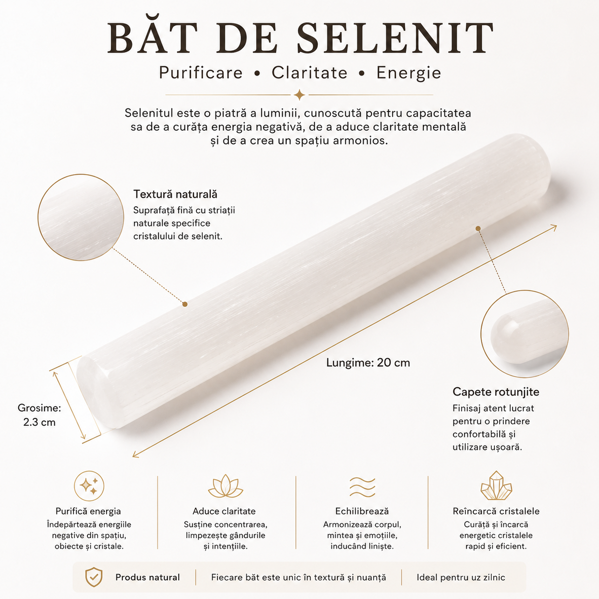 Bat de Selenit Natural 20 cm – Purificare Energetica si Claritate Interioara