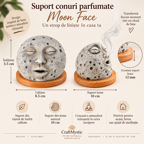 Suport conuri parfumate Moon Face din rășină și lemn