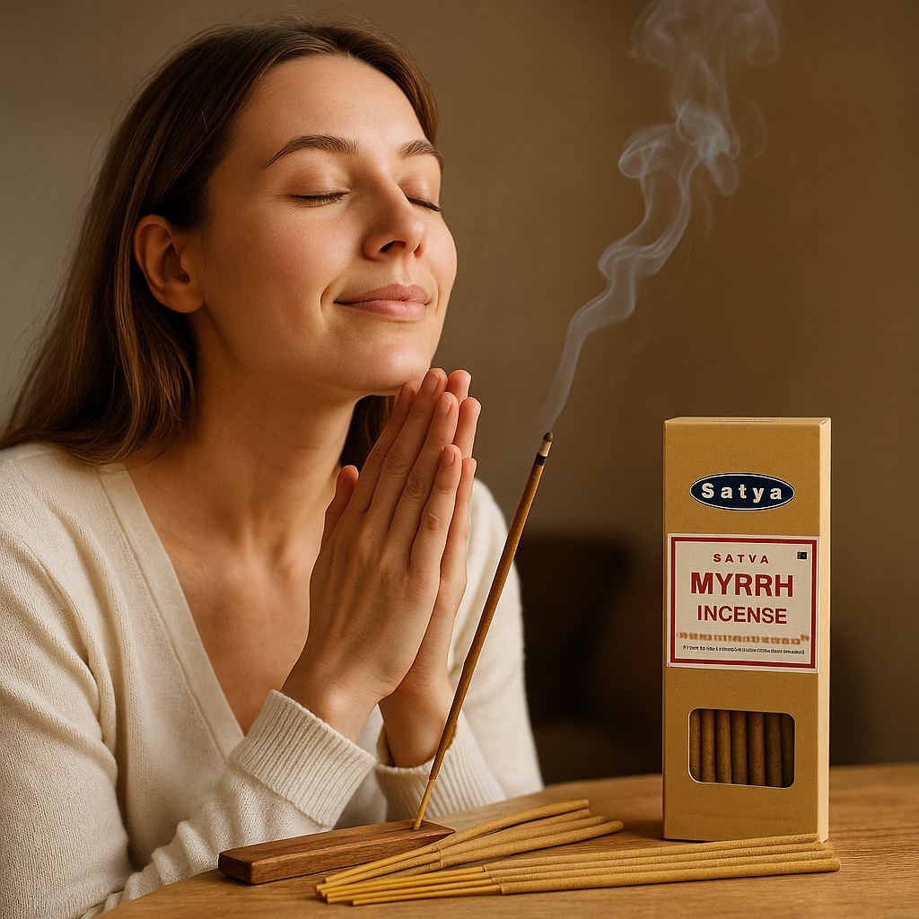 Betisoare Satya Myrrh 15 g – smirna, rulate manual, India