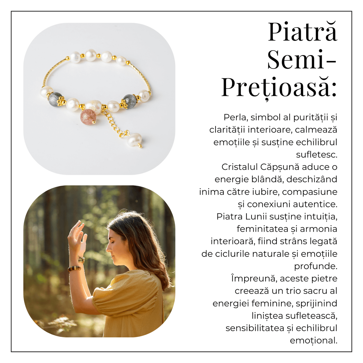 Energie Feminina- Bratara cu Perle, Piatra lunii si Cristal Capsuna