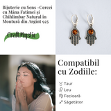 Mana protectiei blande - Cercei cu Mana Fatimei si chihlimbar in montura argint 925